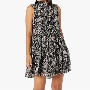 Taylor Black and Gray Floral Sleeveless Smocked A-Line  Chiffon Dress | Size 14
